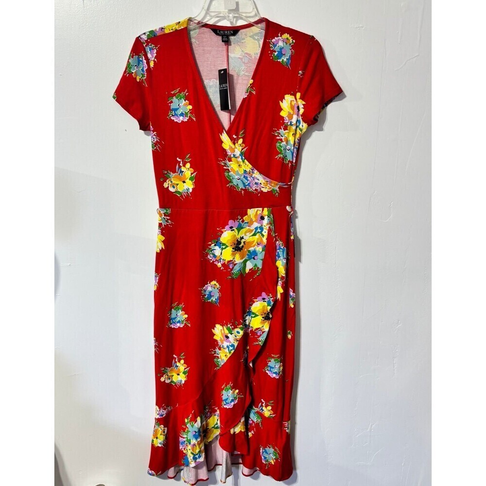 Lauren Ralph Lauren Jersey Wrap Dress Small‎ Orange Floral Surplice Neck NWT - Picture 3 of 11